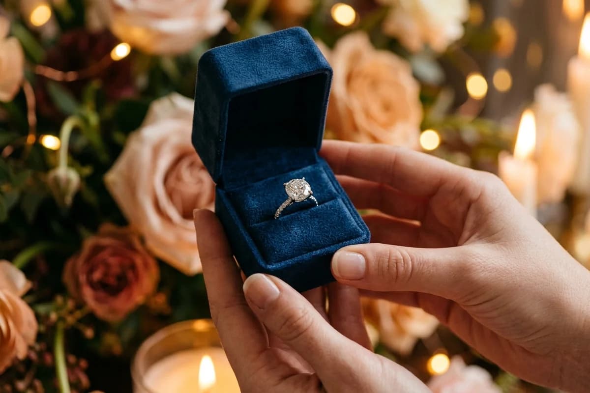 An engagement ring in an open box with candlelight bokeh