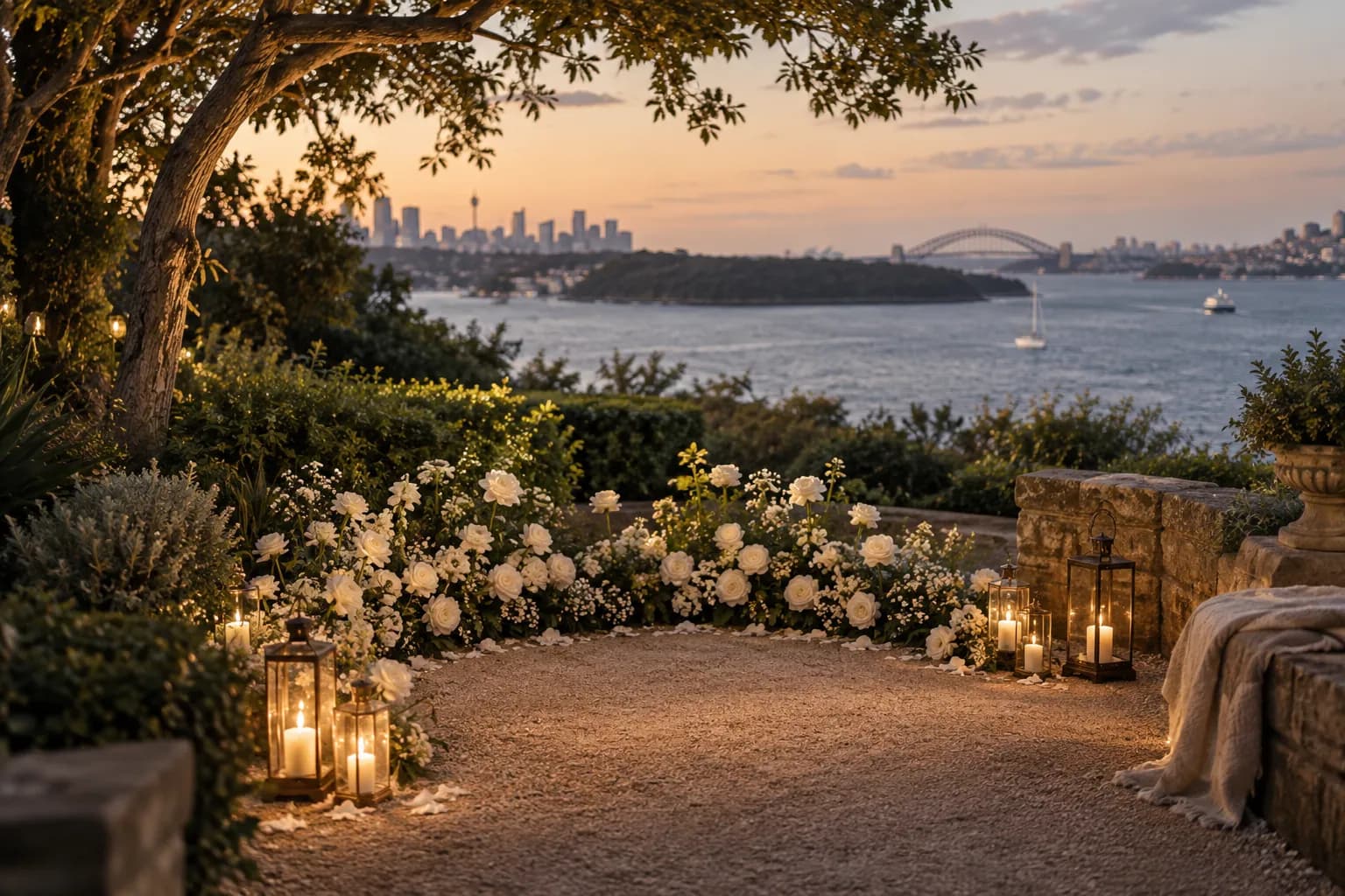 Illustrative white floral proposal setup with lanterns and a Sydney Harbour outlook
