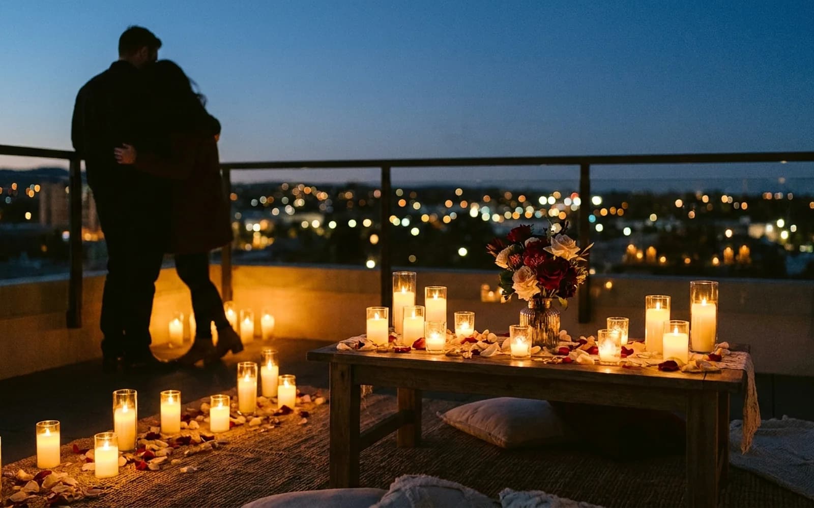 Candlelit rooftop proposal overlooking the Sydney skyline
