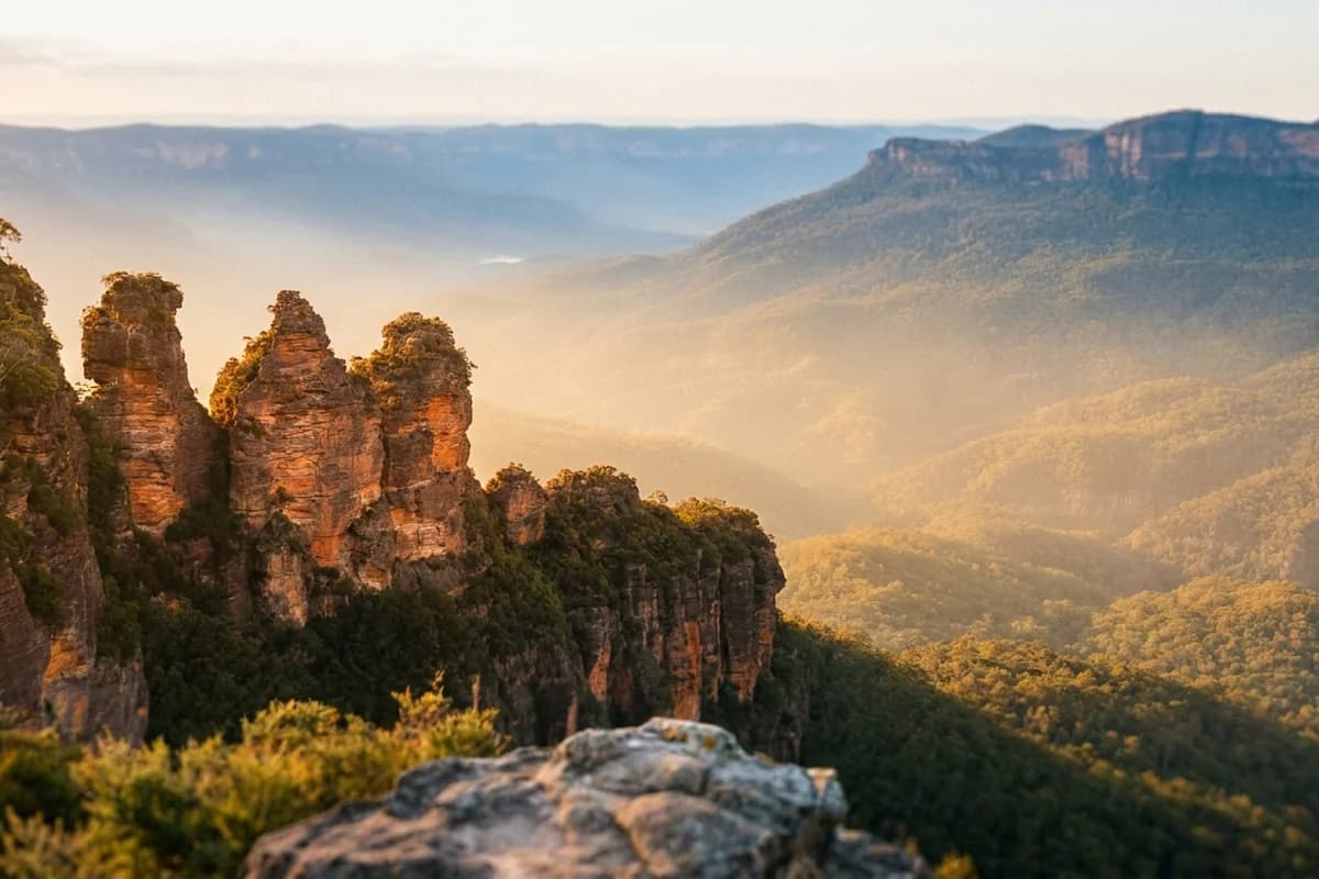 The Three Sisters at Echo Point in the Blue Mountains at golden hour