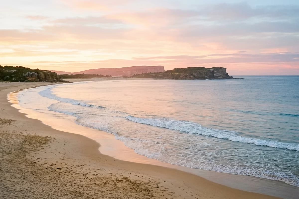 Bondi Beach at sunrise with empty golden sand and glassy surf