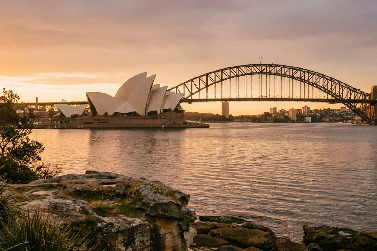 The Opera House and Harbour Bridge framed together from Mrs Macquaries Chair