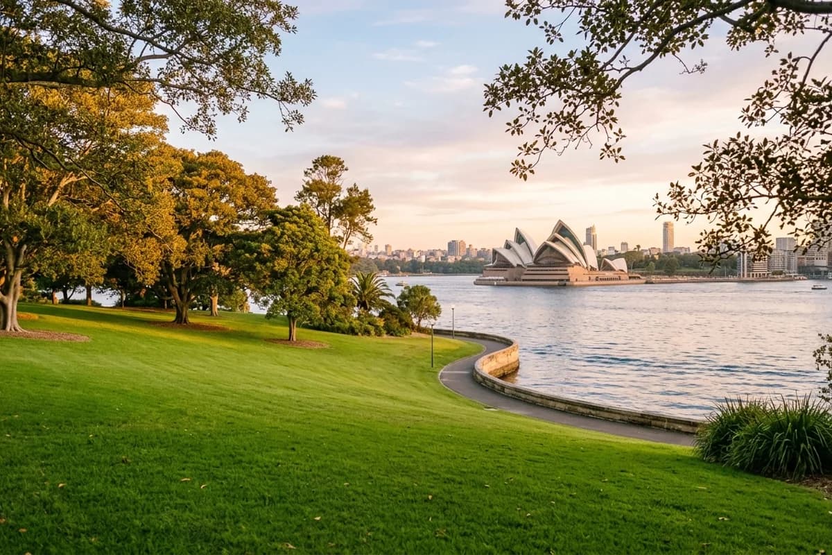 Harbour-edge lawns at the Royal Botanic Garden Sydney beside the Opera House