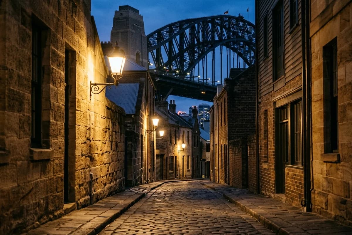 Historic sandstone laneway in The Rocks with the Sydney Harbour Bridge overhead