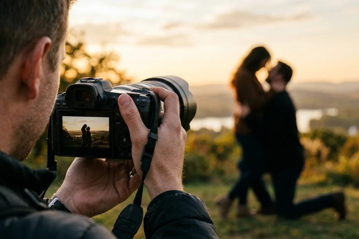 A proposal photographer capturing a couple at golden hour